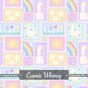 May include: A whimsical seamless pattern featuring pastel-colored stamps with a light purple grid background. The stamps contain illustrations of geese, rainbows, butterflies, flowers, and suns. The text "Cosmic Whimsy" is displayed in a banner at the bottom.