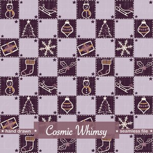 Motif patchwork sans couture violet prune de Noël, papier numérique à damier dessiné à la main aux tons précieux pour les fêtes d'hiver (téléchargement PNG) SANS AI