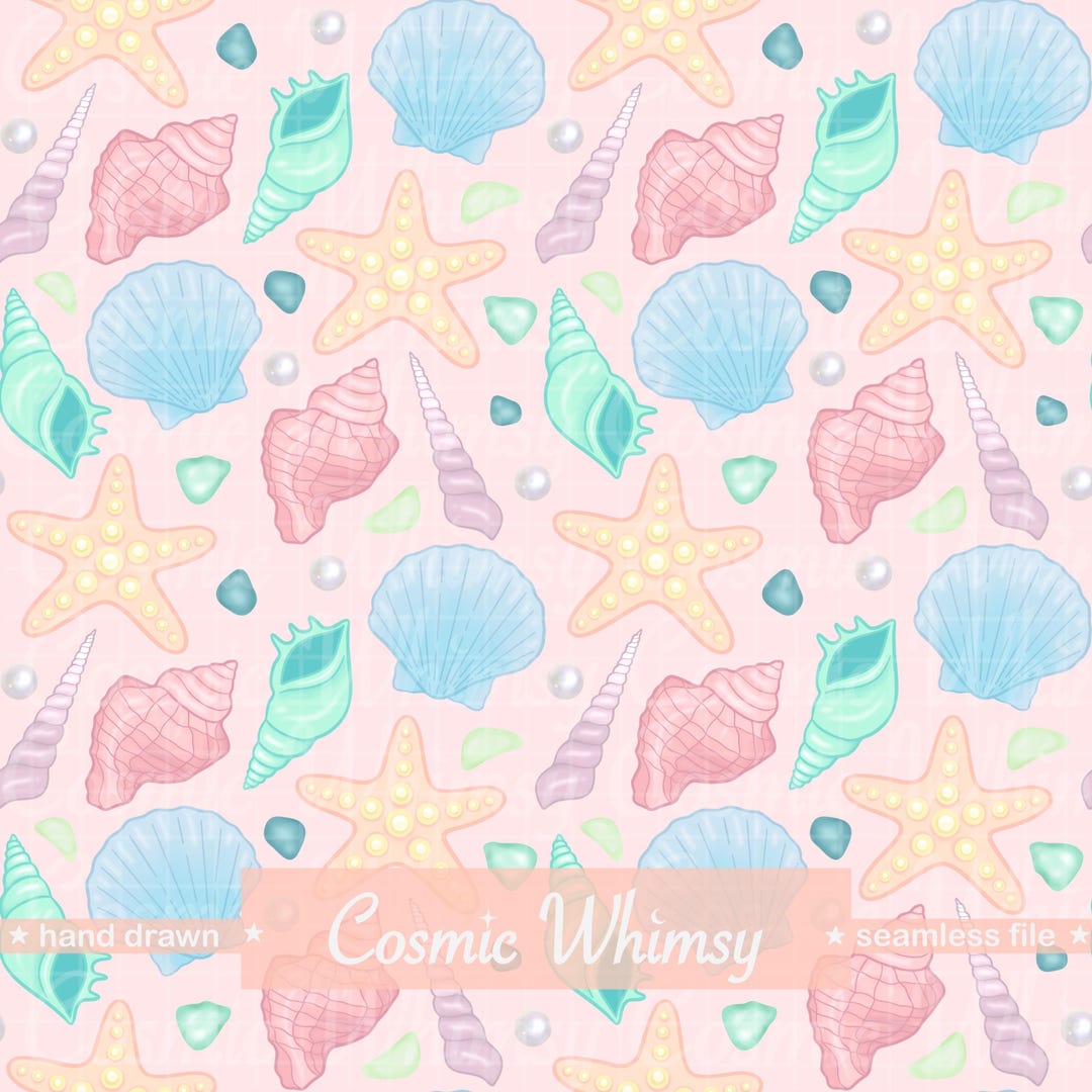 Seashell Seamless Pattern Hand Drawn PNG Light Pink Pastel Coastal ...