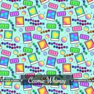 May include: A seamless pattern on a light blue background featuring colorful polaroid-style frames, number tickets, and spheres. The text includes "Divine Energy", "Lucky", and "Cosmic Whimsy". The design is hand drawn.