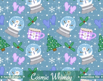 Cozy Cool Icy Blue Winter Snow Globe, Cocoa and Mittens Pattern Hand Drawn Christmas Seamless Digital Paper 12x12" PNG Digital Download