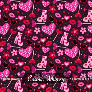 Może przedstawiać: Bezszwowy wzór z różowymi i czerwonymi sercami, kwiatami, ustami, okularami przeciwsłonecznymi w kształcie serca i butami na ciemnym tle. Tekst "Cosmic Whimsy" jest wyświetlany na środku. Obecne są również słowa "hand drawn" i "seamless file".