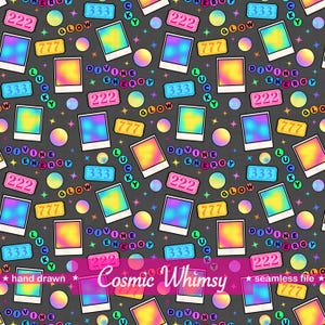 May include: Seamless pattern featuring colorful polaroid-style images, number tags, and text elements like "Divine Energy" and "Glow" on a dark gray background. The design includes stars, circles, and the text "Cosmic Whimsy".