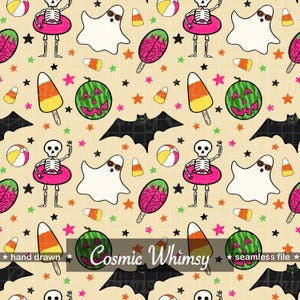 Op de afbeelding: Een naadloos patroon met Halloween-thema-illustraties. Het ontwerp bevat een skelet in een roze zwemband, een spook met een zonnebril, watermeloen-pompoenen en snoepmaïs. De tekst "Cosmic Whimsy" staat in het midden van de afbeelding.