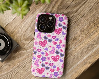 Disco Valentine Phone Case Heart Disco Ball Pink Purple Heart Lollipop Platform Boot Pattern White Background