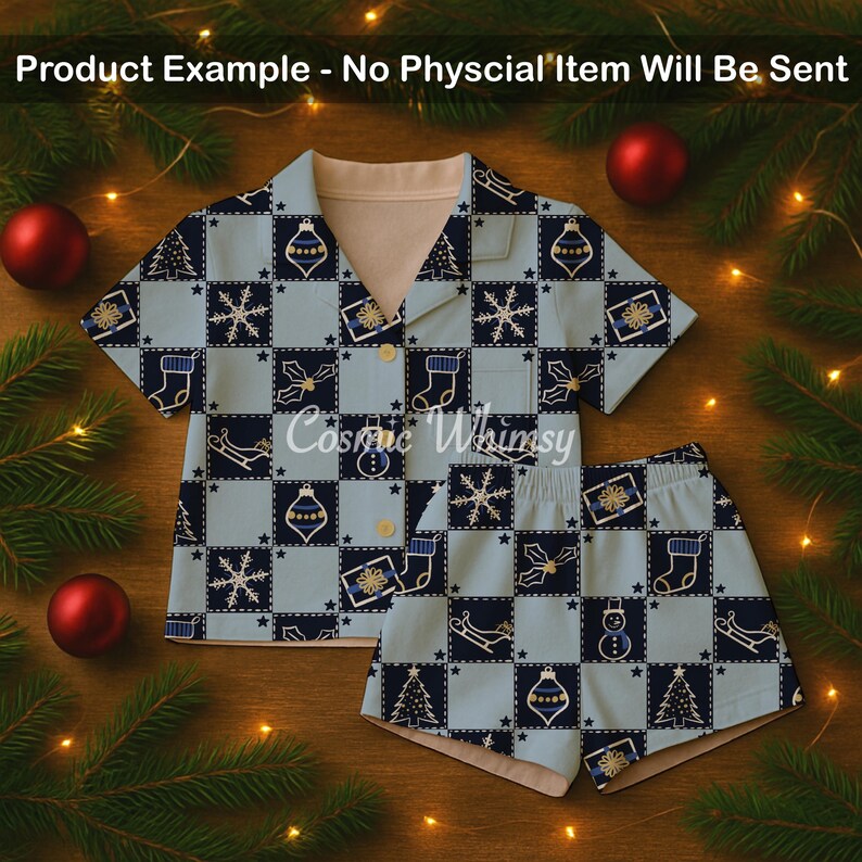 May include: A short-sleeve button-down shirt and shorts pajama set featuring a light blue and dark navy blue checkered pattern with holiday icons including snowflakes, stockings, ornaments, snowmen, and sleighs. Text reads Product Example.