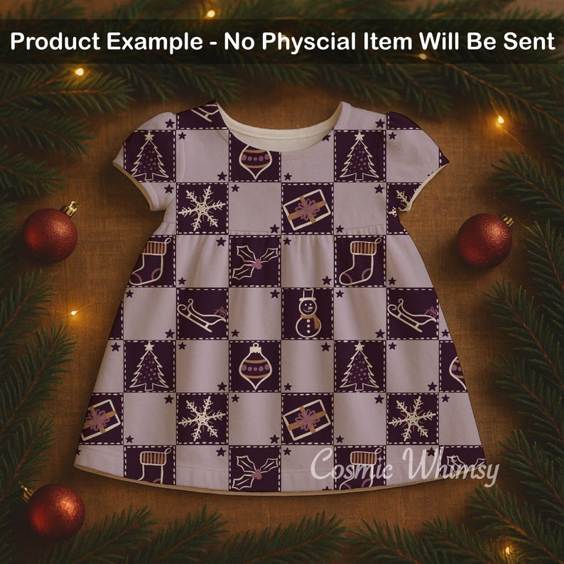 May include: A short-sleeved dress featuring a checkered pattern of dark purple and light lavender squares. Each square contains a white line-art illustration of Christmas icons including trees, snowflakes, gifts, stockings, sleds, and snowmen.