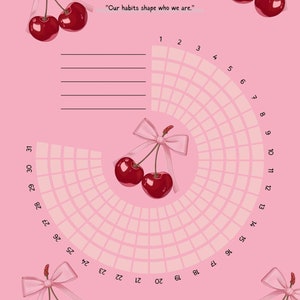 Puede incluir: Un rastreador de hábitos rosa con un diseño de cerezas. El rastreador tiene una cuadrícula de cuadrados para cada día del mes. El texto "HABIT TRACKER" está en la parte superior de la página, y el texto "Our habits shape who we are." está debajo.