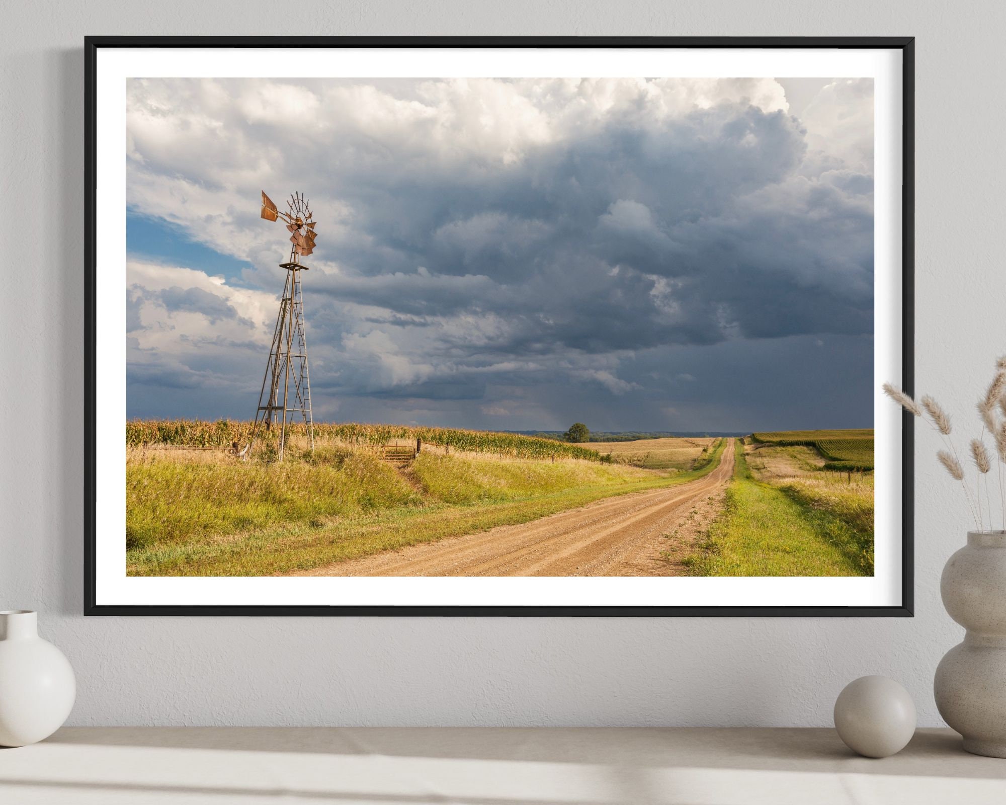 Nebraska Landscape Windmill and Road Photograph