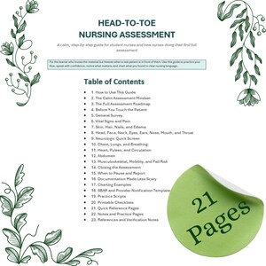 Head-to-Toe Nursing Assessment Guide | Student Nurse Clinical Checklist, General Survey, Documentation Examples| 21 Pages
