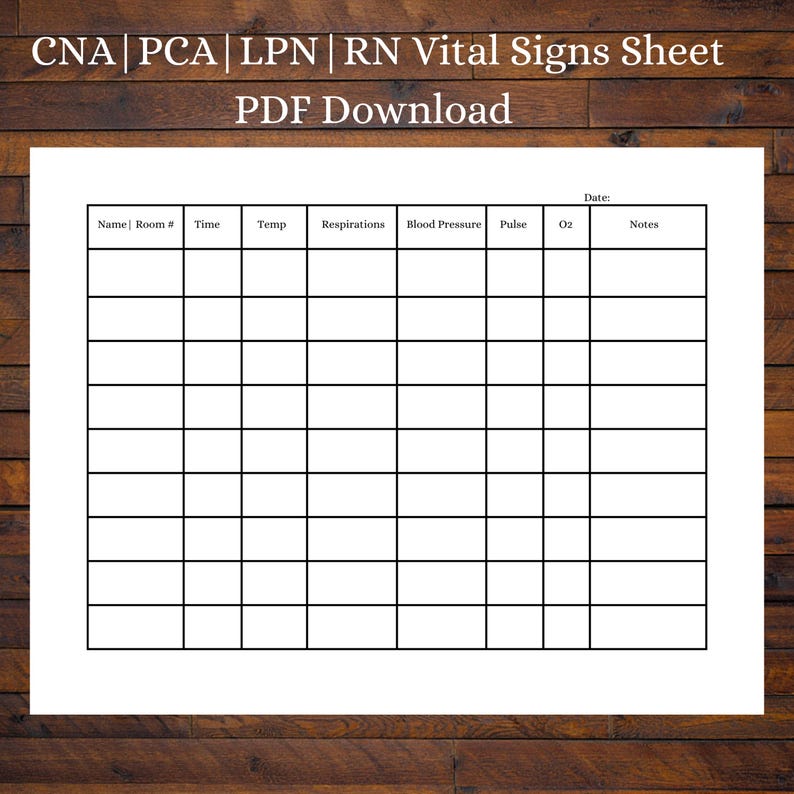 Rn Ii Sign Vital Signs Sheet for Cna, Pca, Lpn, Rn | Patient Tracker (pdf Download ...