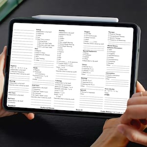 May include: A tablet displaying a white form with checkboxes and text fields, held by a person. A stylus rests on top. The form appears to be a medical assessment or patient evaluation document.