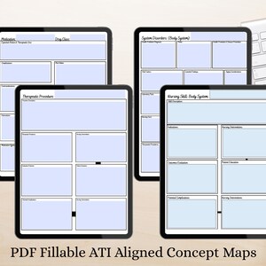 Peut inclure: Quatre tablettes noires affichant des cartes conceptuelles avec des sections bleues et blanches. Les tablettes sont étiquetées avec des termes tels que "Médicament", "Classe de médicaments" et "Procédures thérapeutiques". Le texte "PDF Fillable ATI Aligned Concept Maps" est en bas.