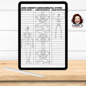 May include: A digital tablet displays a medical diagram about the musculoskeletal system. The screen shows a detailed illustration of a human skeleton, with text labels. A white stylus rests on a wooden surface.