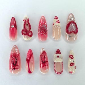 VALENTINE Set| long/medium Length Almond Nails| Handmade, Reusable Press Ons |