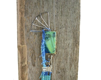 Blue Madonna - mixed media with weaving