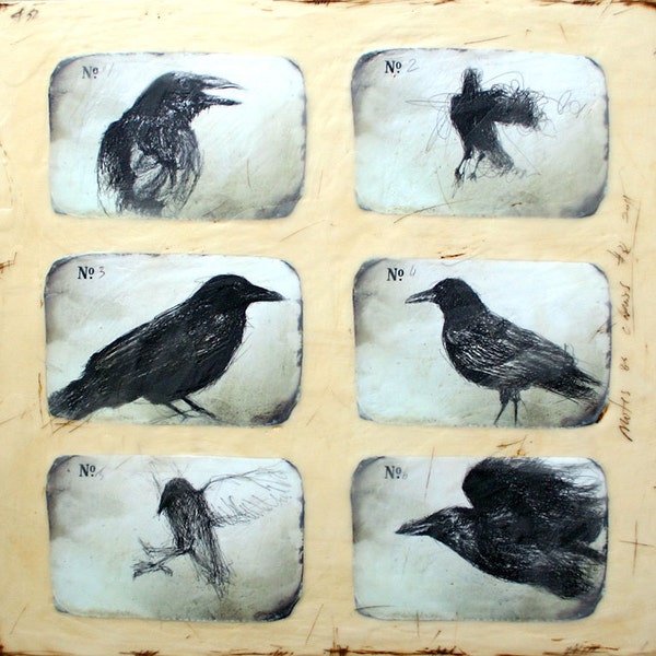 Notes on Crows II - ink drawing and encaustic painting