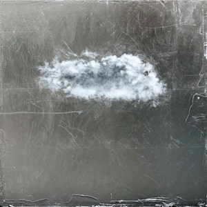May include: A single white cloud painted on a silver background with a textured surface.