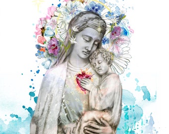 One Heart - Blessed Mother and Jesus painting, fine art print