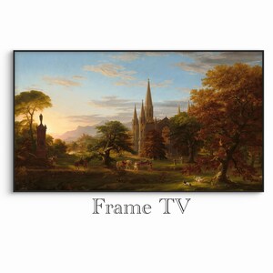 Peut inclure: Peinture de paysage encadrée représentant une cathédrale aux hautes flèches, dans une scène automnale. L'œuvre représente des personnages, des arbres et une rivière sous un ciel bleu nuageux. Le texte "Frame TV" est en bas.