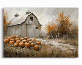 Pumpkin Barn Still Life Painting, Rustic Autumn Print (Digital Download)