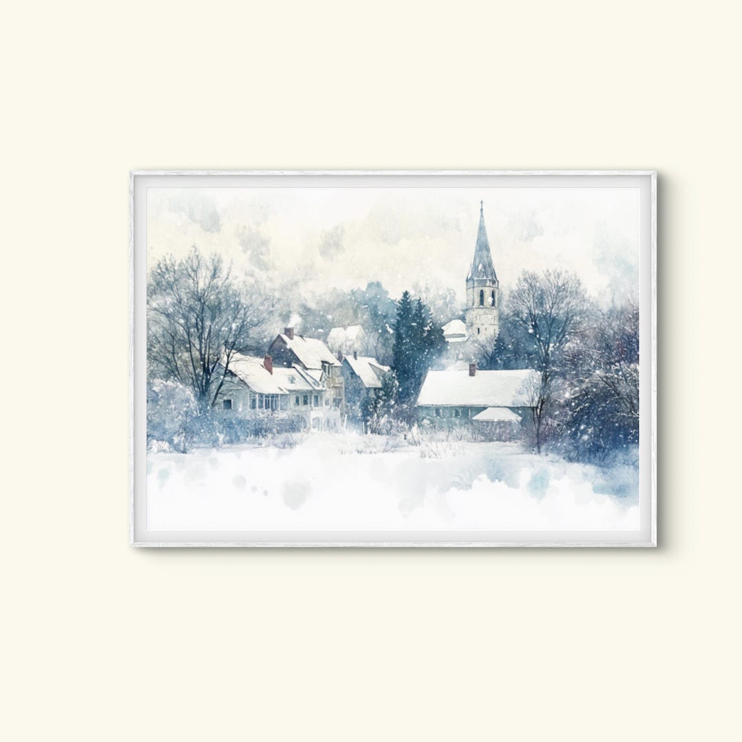 Vintage Snowy Village Painting: Antique Winter Landscape Art (digital ...