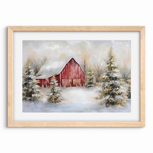Christmas Farmhouse | Winter Wall Art | Red Barn Print | Christmas Downloadable Prints