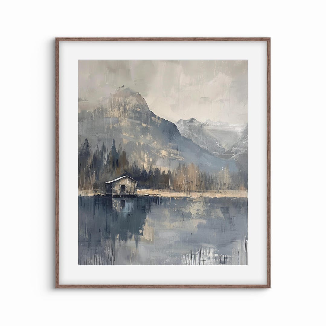 Lake Lodge Oil Painting Print | Mountain Cabin Reflection (digital ...