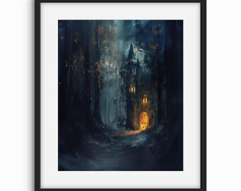 Dark Academia Castle Oil Painting Print | Moody Halloween Decor (Digital Download)