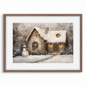Snowman Winter Cottage PRINTABLE Wall Art | Vintage Winter Home Decor | Winter Village Artwork | Christmas Holiday Digital Download