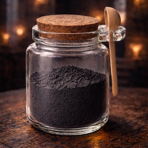 May include: A clear glass jar filled with dark powder, sealed with a cork lid. A small wooden scoop rests on the side. The jar sits on a wooden surface, with a blurred background of warm lights.