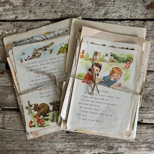 Confezione di pagine di libri per bambini vintage, a colori e in bianco e nero, anni '50, '60 e '70, 15 pagine per confezione, materiale effimero per scrapbooking, diario spazzatura