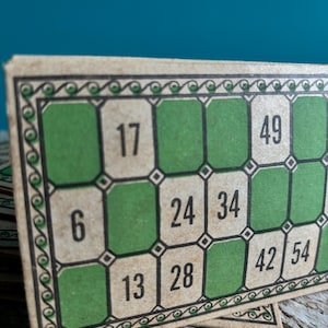 Vintage kartonnen housie- of bingokaarten, pakket van 5, efemere, junkjournal, scrapbooking