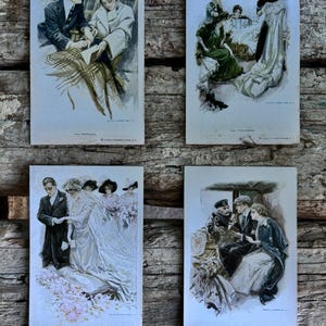 Stare pocztówki z początku lat 1900., Harrison Fisher „Greatest Moments of a Woman’s Life” nieużywane, sprzedawane oddzielnie