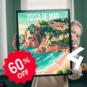 Tossa De Mar, Cataluña, España - Juego de 4 carteles de arte mural, decoración de pared de cafetería, arte mural de restaurante, descarga digital, diseños de carteles en español