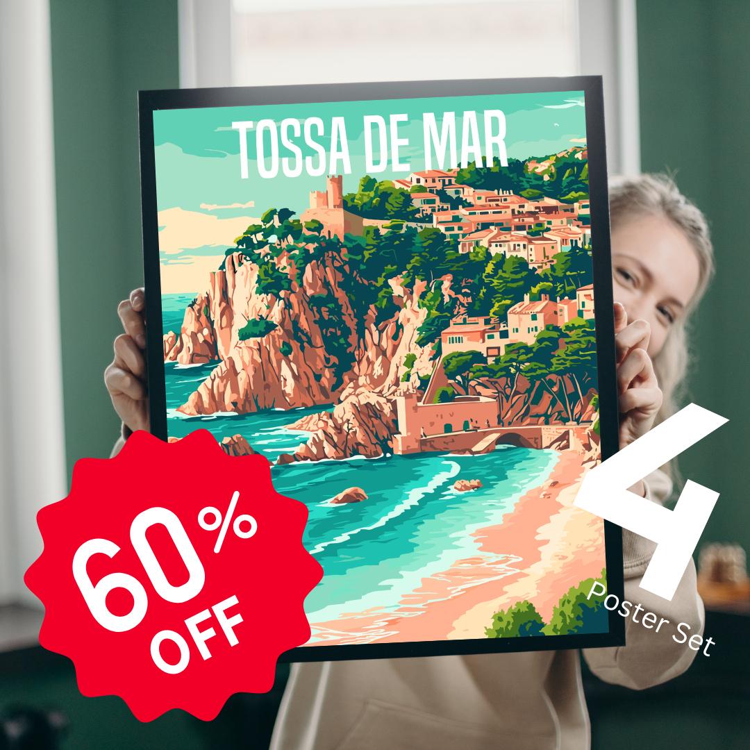 Tossa De Mar, Katalonien, Spanien - 4er Set Wand Kunst Poster, Cafe Wand Dekor, Restaurant Wand Kunst, Digitaler Download, Spanische Poster Designs