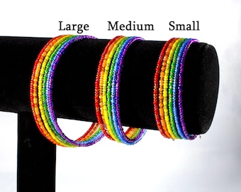 LGBTQIA+ Rainbow Pride Flag “Memory” Wire Wrap Spring Bracelet Seed Beads Multicolor Six Hoops