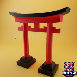 May include: A red and black Torii gate, a traditional Japanese gate, stands on a black base. The gate features a curved top with black accents and is set against a yellow background. The Papercraft Dream logo is in the bottom right corner.