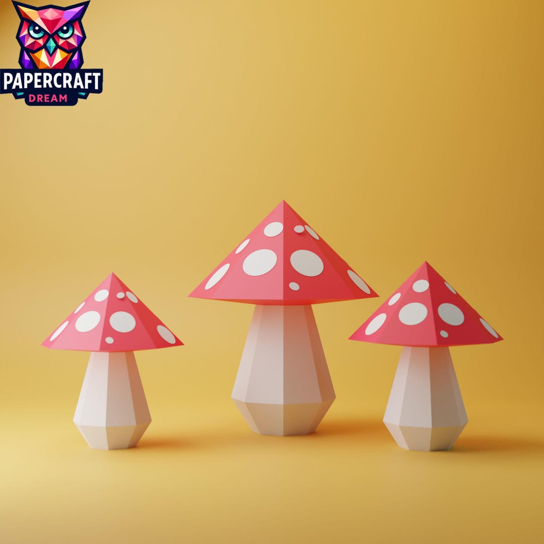 Mushroom Set 3D Papercraft Low Poly Spotted Mushrooms, DIY Paper