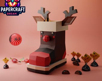 Rendierkerstlaars Papercraft: laag poly 3D-model (SVG PDF DXF Cricut Pepakura)