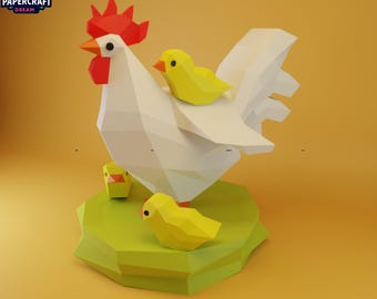 Chicken Family 3D Papercraft – DIY Low Poly Hen & Chicks (pdf, svg, dxf)