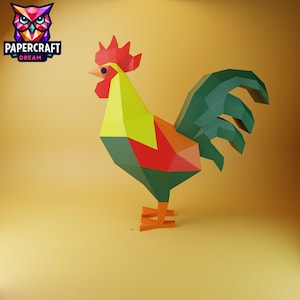 May include: A colorful, geometric papercraft rooster with a red comb, yellow neck, and green tail. The rooster is standing on orange feet against a yellow background. The logo "PAPERCRAFT DREAM" is in the upper left corner.