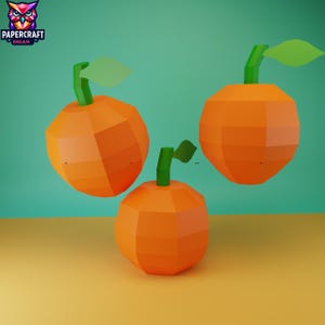 Puede incluir: Tres naranjas de papel geométricas de color naranja con tallos y hojas verdes se muestran sobre un fondo turquesa y amarillo. El logotipo de Papercraft Dream está en la esquina superior izquierda.