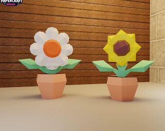 3D Papercraft Flower Combo: Sunflower & White Flower (PDF, SVG, DXF)