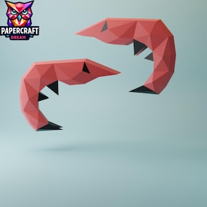 May include: Two red origami shrimp with black details, floating against a light blue background.