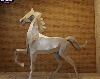 May include: A large, geometric metal sculpture of a horse in a standing pose. The sculpture is silver and has a faceted design. The background features a brick wall and the Papercraft Dream logo.