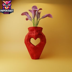 Heart Vase 3D Papercraft Template; low poly Valentine Decoration, Romantic Home Decor Craft, easy pdf papercraft, origami vase, pdf template