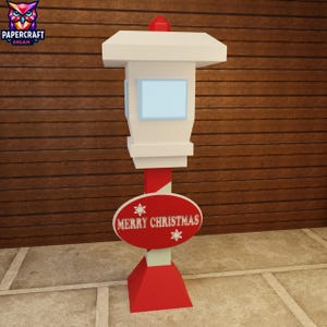 May include: A festive red and white Christmas lantern featuring the text "MERRY CHRISTMAS". The lantern has a white top and a red base. The sign is oval-shaped with snowflakes.
