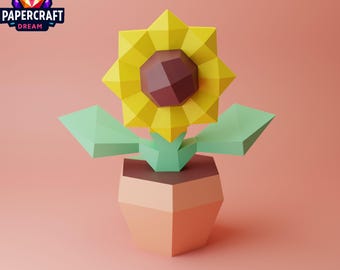Sunflower Papercraft  in Pot – DIY Low Poly origami paper flower Model (pdf, svg, dxf)