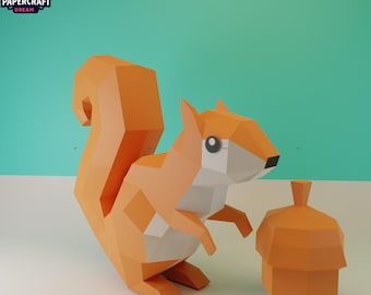 3D Squirrel Acorn Papercraft Template, DIY Low Poly Model (pdf, svg, dxf)